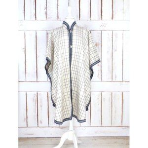 Vintage ivory grey black plaid wool poncho wool blanket cape